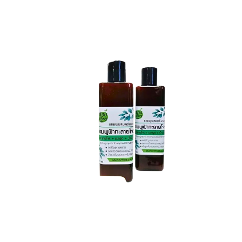 Shampoo mixed with conditioner, rice milk, Andrographis paniculata, butterfly pea, yarrow and fresh kaffir lime peel, 300 ml.