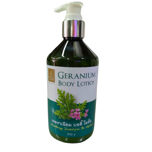Geranium Body Lotion Body lotion with natural oil from Shea Butter that is quickly absorbed, not sticky, leaving skin soft, smooth, and moisturized.
