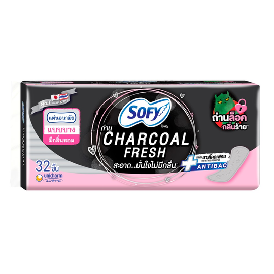 Sofy sanitary pads, Charcoal Fresh, thin, fragrant, 32 pieces/โซฟีแผ่นอนามัย ชาร์โคลเฟรชแบบบางหอม 32 ชิ้น