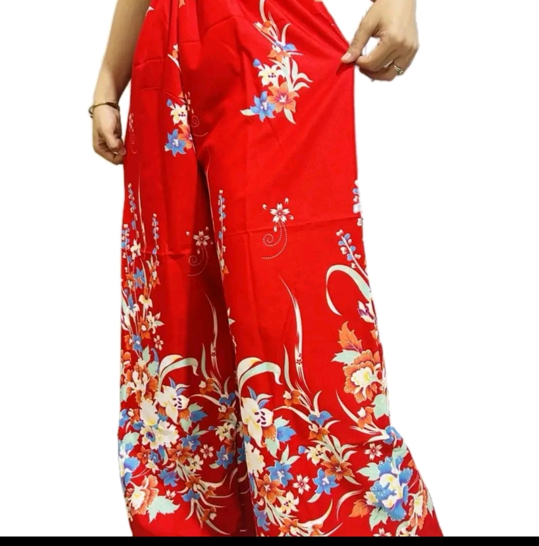 Women's Thai pattern long pants, elastic waist, sarong fabric (printed cotton), light, comfortable, and quick-drying.