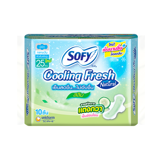 Sofy Cooling Fresh Natural Slim with Wings Sanitary Napkins 25 cm. Pack of 10 pieces/โซฟี ผ้าอนามัยคูลลิ่งเฟรชเนเชอรัล สลิมมีปีก 25ซม.แพ็ค 10ชิ้น