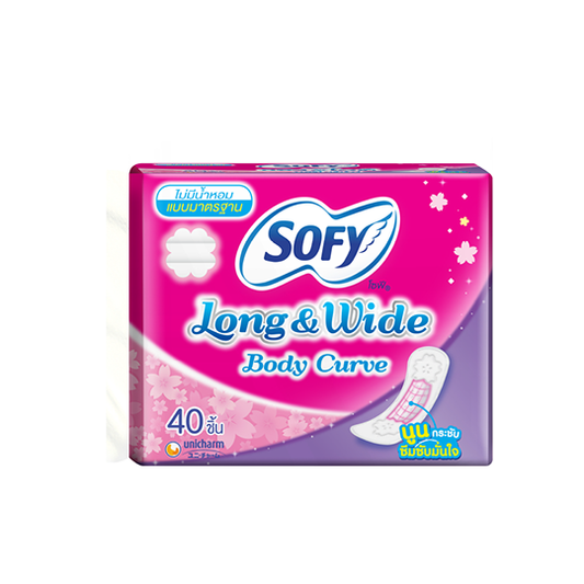 Sofy Long & Wide Sanitary Pads, Unscented, 40 pieces/โซฟีแผ่นอนามัยลองแอนด์ไวด์ ไม่หอม40ชิ้น