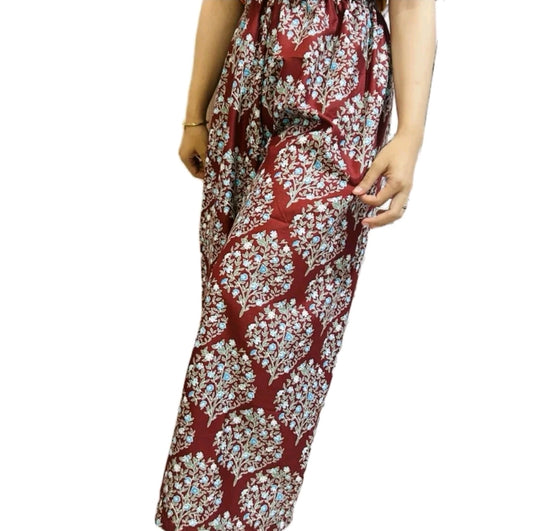 Women's Thai pattern long pants, elastic waist, sarong fabric (printed cotton), light, comfortable, and quick-drying.